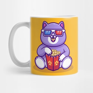 Cute Fat Cat Watching Movie With Popcorn Cartoon Mug